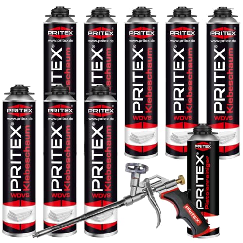 PRITEX - WDVS Klebeschaum Set 8 x 750 ml inkl. Schaumpistole und Pistolenreiniger zum Isolieren, Fixieren & Befestigen – Montageschaum Dämmstoffkleber mit sehr guter Haftung von PRITEX