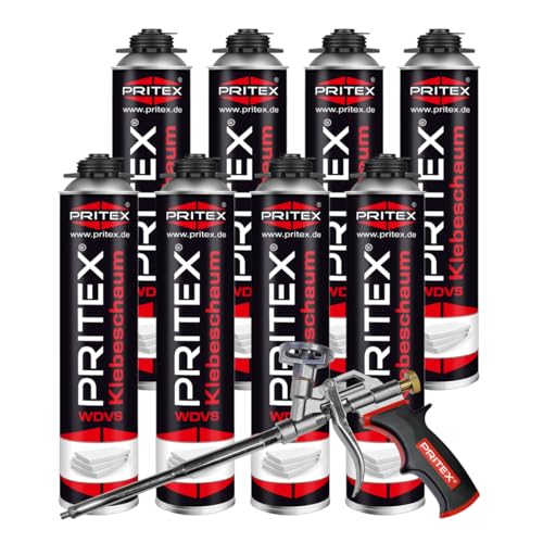 PRITEX – WDVS Klebeschaum Set 8 x 750 ml inkl. Schaumpistole zum Isolieren, Fixieren & Befestigen – Bauschaum Pistolenschaum Dämmstoffkleber mit sehr guter Haftung, geringer Nachdehnung von PRITEX