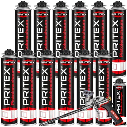PRITEX – Bauschaum Set 12 x 750 ml Pistolenschaum inkl. Pistolenreiniger 500 ml und Schaumpistole – Montageschaum zum Verfüllen, Dämmen & Abdichten von PRITEX