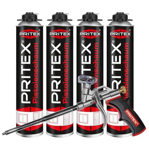 PRITEX – Bauschaum Set aus 4 x 750 ml Pistolenschaum inkl. Schaumpistole – Montageschaum zum Verfüllen, Dämmen & Abdichten – PU-Schaum mit hervorragender Schall- & Wärmedämmung – Bauschaum von PRITEX