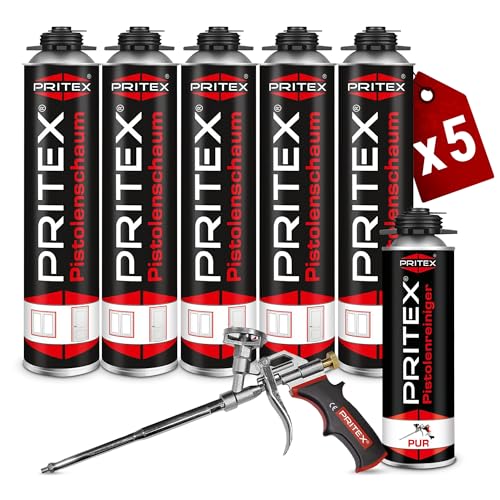 PRITEX – Bauschaum Set 5 x 750 ml Pistolenschaum inkl. Pistolenreiniger 500 ml und Schaumpistole – Montageschaum zum Verfüllen, Dämmen & Abdichten – PU-Schaum mit hervorragender Schall- & Wärmedämmung von PRITEX