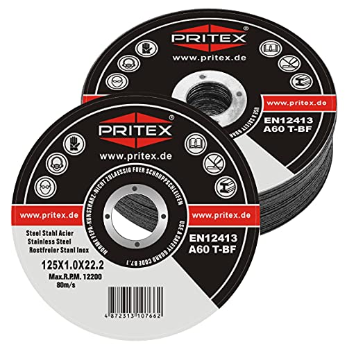 PRITEX – 50 Stück Trennscheiben 125 x 1.0 mm Metall – gerade Flexscheiben zum Schneiden von Stahl, Edelstahl, Eisen & Blech – extra dünne Scheiben für alle gängigen Winkelschleifer geeignet von PRITEX