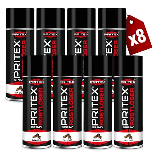 PRITEX – MoS2 Rostlöser Spray 8 x 400 ml – Kriechöl löst festsitzende Verbindungen & beseitigt Quietschen/Knarren – hochwertiges Schmiermittel schützt vor Rost & Korrosion von PRITEX