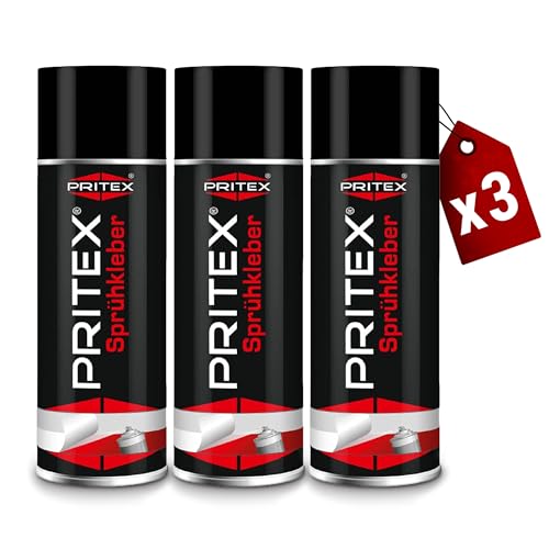 PRITEX – Sprühkleber 3x 400 ml für KFZ, Handwerk, Modellbau, DIY & Haushalt – Kleber Spray mit hoher Sofortklebekraft für Papier, Karton, Holz, Kork, Leder, Textilien, Schaumstoff, Gummi & Kunststoff von PRITEX