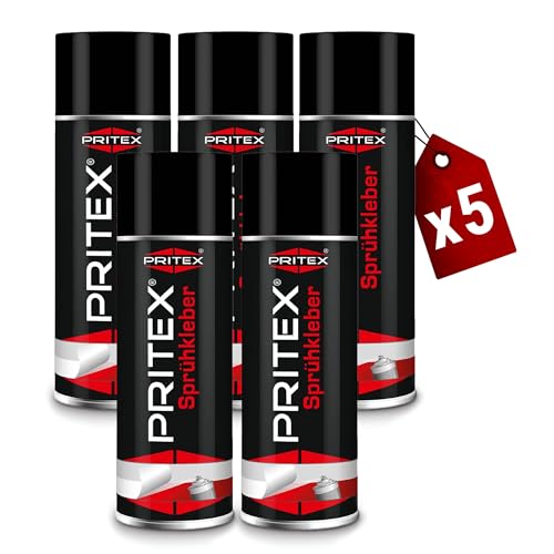 PRITEX – Sprühkleber 5x 400 ml für KFZ, Handwerk, Modellbau, DIY & Haushalt – Kleber Spray mit hoher Sofortklebekraft für Papier, Karton, Holz, Kork, Leder, Textilien, Schaumstoff, Gummi & Kunststoff von PRITEX