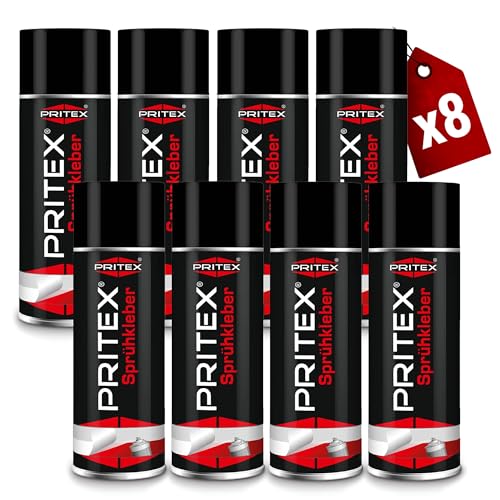 PRITEX – Sprühkleber 8x 400 ml für KFZ, Handwerk, Modellbau, DIY & Haushalt – Kleber Spray mit hoher Sofortklebekraft für Papier, Karton, Holz, Kork, Leder, Textilien, Schaumstoff, Gummi & Kunststoff von PRITEX