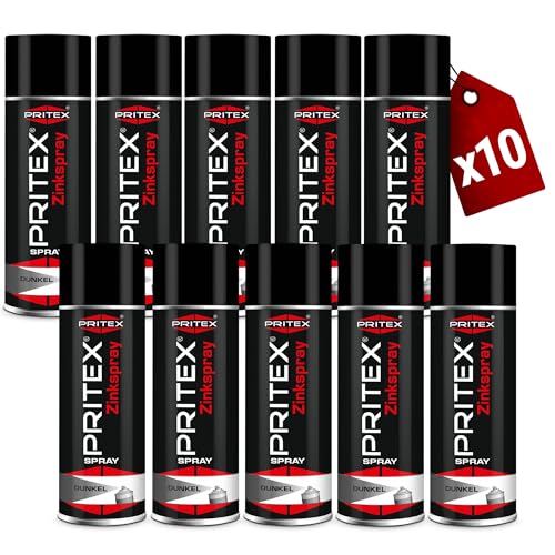 PRITEX – Zinkspray Dunkel 10 x 400 ml als Rostschutz für Metalle – Korrossionsschutz Grundierung – hitzebeständige Rostschutzfarbe bis +500°C – hervorragendes Haftvermögen & hohe Abriebfestigkeit von PRITEX