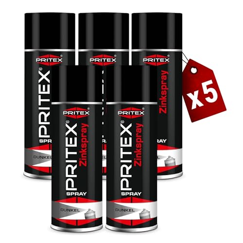 PRITEX – Zinkspray Dunkel 5 x 400 ml als Rostschutz für Metalle – Korrossionsschutz Grundierung – hitzebeständige Rostschutzfarbe bis +500°C – hervorragendes Haftvermögen & hohe Abriebfestigkeit von PRITEX