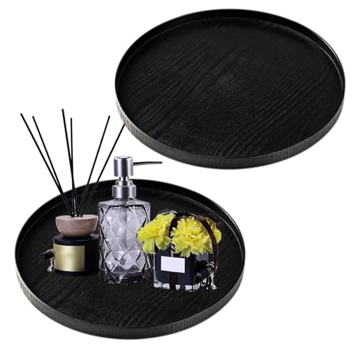 PRIOTK Rund Schwarz Dekotablett 30 cm: 2 Stück Kerzenhalter Kerzentablett, Deko Tablett Holzstruktur, Dekorative Kerzen Tabletts für Stumpenkerzen Dekoratives, Couchtisch Organizer Kerzenteller von PRITOK