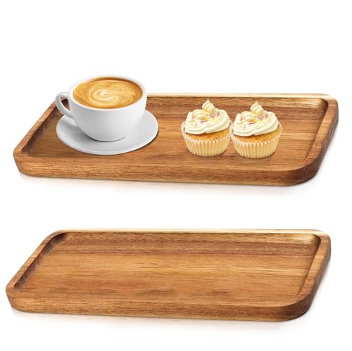 PRITOK 2 Stück Akazie Holztablett: Dekotablett mit Hochgezogenem Rand, Serviertablett Holz, Rechteck Holzbrett Küche Ideal für Dessert Kuchen Snacks Brot Fleisch Gemüse Käse Schinken(19x10.5x1.5m) von PRITOK