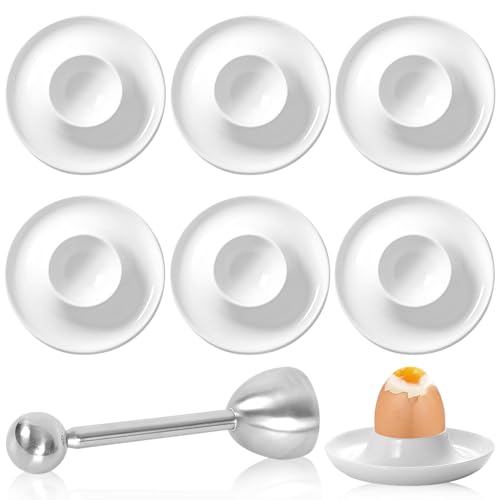 PRITOK 6 Teiligs Porzellan Eierbecher: Weiss Porzellan Eierständer mit Ablage, Frühstück Eierhalter Set mit Eieröffner, Eierbecher Eierhalter, Stapelbar Frühstück Eierhalter Set für Küche Esszimmer von PRITOK