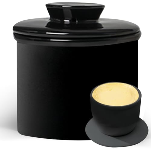 PRITOK Porzellan Butter Keeper Crock: Keramik-Butterbehälter, Runder Butterbehälter, Keramik Buttertopf mit Deckel für Frische und Streichfähige Butter, Zum Aufbewahren von Butter (Schwarz) von PRITOK