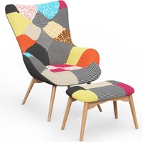 Sessel mit Fußstütze - Bezug aus Patchwork-Stoff - Kontur Multicolor - Holz, Leinen - Multicolor von PRIVATEFLOOR