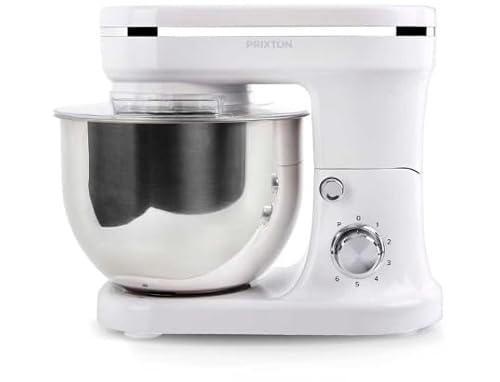 PRIXTON KR200 - Küchenmaschine und Mixer für Desserts und Pizza - Leistung 1200W - 6 Geschwindigkeit - 5 Liter Edelstahlschüssel - 3 Zubehör - Transparenter Deckel (Weiß) von PRIXTON