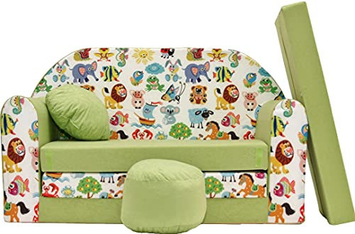 Pro Cosmo umwandelbares Kindersofa – perfekt zum Spielen und Schlafen – mit Abnehmbarer Matratze, Kissen und Pouf – 98x168x59 cm – leicht und einfach zusammenklappbar - Z5 Farbe Grün- Dschungeltiere von Pro Cosmo