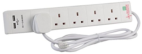 Pro Elec 2068U WHT Verlängerungskabel, 5 Steckdosen, USB-Buchse, Überspannungsschutz, 2 m, Weiß von Pro Elec