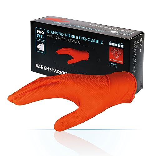 PRO FIT Nitril-Einweghandschuh 50er Pack – Premium Montagehandschuhe, Chemikalienschutzhandschuhe, Diamant-Muster, Latexfrei & ungepudert - 24cm, Orange, Gr. L von PRO FIT