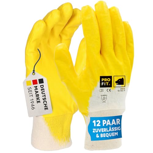 PRO FIT Nitril-Handschuh 12 Paar – Arbeitshandschuhe, Mechaniker-Handschuh, Schutzhandschuhe, Gartenhandschuhe ¾ beschichtet, Montagehandschuhe - Gelb, Gr. 9 von PRO FIT