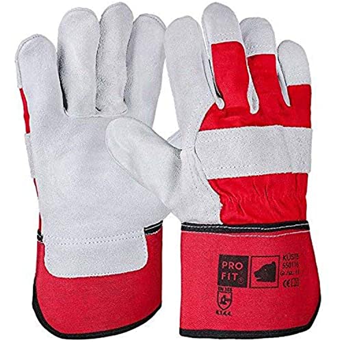 PRO FIT Premium Arbeitshandschuh Küste 12er Pack – Rindspaltleder Handschuhe, Profi Handwerks-Handschuhe, Schutzhandschuhe mit Canvas-Stulpe – Rot/Natur, Gr. 11 von PRO FIT