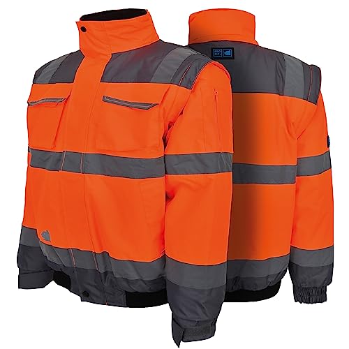 PRO FIT Warnschutz Pilotenjacke – Atmungsaktive Arbeitsjacke, Wind- & Wasserdicht, Ärmel abnehmbar, Reflexstreifen, Unisex - Gr. L, Neonorange/Grau von PRO FIT
