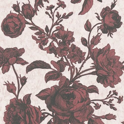 Blumen Tapete Profhome 387004-GU Vliestapete leicht strukturiert à la Toile de Jouy matt rosa rot schwarz 5,33 m2 von PRO[f]home