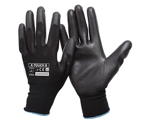 PROCERA Schutzhandschuhe X-TOUCH BLACK/WHITE Arbeitshandschuhe für Mechaniker Arbeitshandschuhe für Maler Gartenhandschuhe Komfortable Polyurethan-Handschuhe (Schwarz, 8 (12 Paar)) von PROCERA