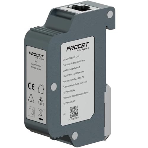 PROCET Industrial DIN Rail PoE Surge Protector IEEE802.3af/at/bt/PoE++ Gigabit PoE 10KV Ethernet Überspannungsableiter RJ45 Blitzunterdrücker, -40℃ to 85℃, Gehäuse aus Zinklegierung PROCET Industrial DIN Rail PoE Surge Protector IEEE802.3af/at/bt/PoE++ Gigabit PoE 10KV Ethernet Überspannungsableiter RJ45 Blitzunterdrücker, -40℃ to 85℃, Gehäuse aus Zinklegierung von PROCET PoE System