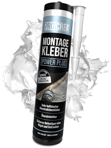 PROCREA® -NEU- Montagekleber "Power Plus" extra stark, weiß [Kleben statt Bohren] Haftstarker Qualitäts-Kleber für Innen & Außen - Sockelleisten, Styropor, Paneele uvm. - Made In Germany von PROCREA