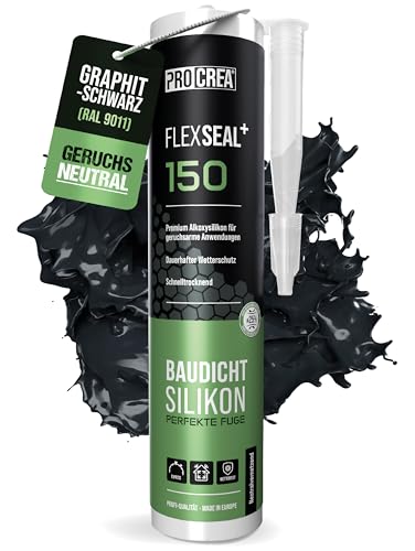 PROCREA® Premium Silikon "Flexseal+ 150" (graphitschwarz) [neutralvernetzend] Hochwertiges Bausilikon zum abdichten im Innen- & Außenbereich - Allwetter Alkoxy-Silicon in RAL 9011 - Profi-Qualität von PROCREA