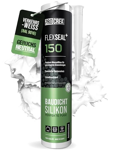 PROCREA® Premium Silikon "Flexseal+ 150" (verkehrsweiß) [neutralvernetzend] Hochwertiges Bausilikon zum abdichten im Innen- & Außenbereich - Allwetter Alkoxy-Silicon in RAL 9016 - Profi-Qualität von PROCREA