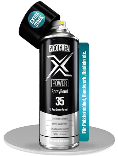 PROCREA® Sprühkleber "X35 Power" [Schnellklebend & Farblos trocknend] Extra starker & wasserfester Industriekleber für Dachhimmel, Stoff, Schaumstoff uvm. - Profi-Qualität [NEUE REZEPTUR 07/24] von PROCREA