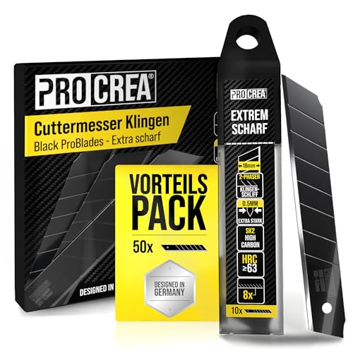 PROCREA® -NEU- 50x Cuttermesser Klingen "Black ProBlades" [Hohe Standzeit & Ultrascharf] 18mm Abbrechklingen aus Carbonstahl - Schwarze Profi Ersatzklingen für Messer, Cutter Messer, Teppichmesser von PROCREA