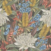 Profhome - Blumen Tapete 394282 heißgeprägte Vliestapete leicht strukturiert mit floralen Ornamenten matt schwarz grün blau rot 5,33 m2 von PROFHOME