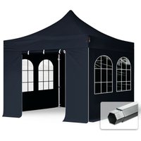 3x3 m Faltpavillon, professional Alu 40mm, feuersicher, Seitenteile mit Sprossenfenstern, schwarz - schwarz von INTENT24