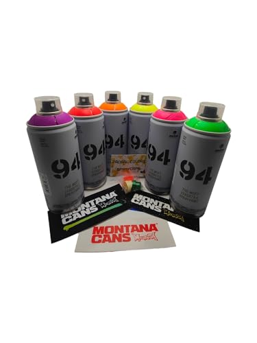 MTN 94 Spraydosen Neon fluoreszierende Farben Set 6 x 400 ml von Montana Colors + 3 Ersatzdüsen in verschiedenen Größen von PROGAL COLORS