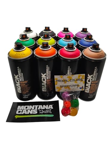 Montana Black 400 ml beliebte Farben, Set mit 12 Graffiti-Streetart-Wandmal-Sprühfarben + 6 Ersatz-Sprühköpfe von PROGAL COLORS