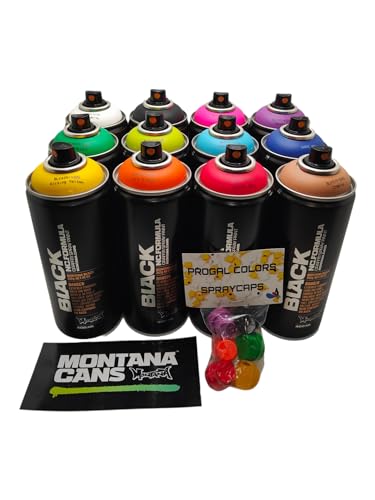 Montana Black 400 ml beliebte Farben, Set mit 12 Graffiti-Streetart-Wandmal-Sprühfarben + 6 Ersatz-Sprühköpfe Montana Black 400 ml beliebte Farben, Set mit 12 Graffiti-Streetart-Wandmal-Sprühfarben + 6 Ersatz-Sprühköpfe von PROGAL COLORS