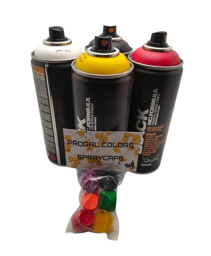 Montana Black Sprühdosen Set, 4 Basis-Farben + 6 Ersatzsprühköpfe - 6 x 400ml von PROGAL COLORS