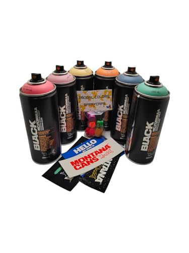 Montana-Dosen-Set mit 6 x 400 ml Pastellfarben + 6 Ersatzdüsen in verschiedenen Größen, Graffiti-Street-Art von PROGAL COLORS