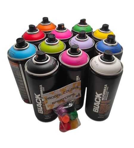 PROGAL COLORS Montana Black 12 x 400 ml Spray High Decking Schnelltrocknend Graffiti Street Art 12 x 400 ml + 6 Ersatzkappen von PROGAL COLORS