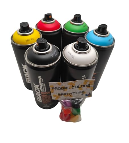 PROGAL COLORS Montana Black Spraydosen Set 6 Grundfarben + 6 Ersatzsprühköpfe - 6 x 400 ml von PROGAL COLORS