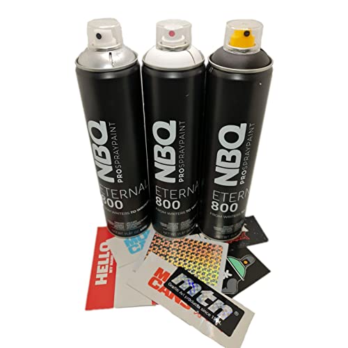 PROGAL COLORS NBQ ETERNAL - DOMINOS PACK - (1 x Schwarz 600 ml + 1 x Weiß 600 ml + 1 x Silber 600 ml + Aufkleber) Spray matt mit hohem Druck Trocknung Ultra Rapid Graffiti perfekte Handarbeit und von PROGAL COLORS