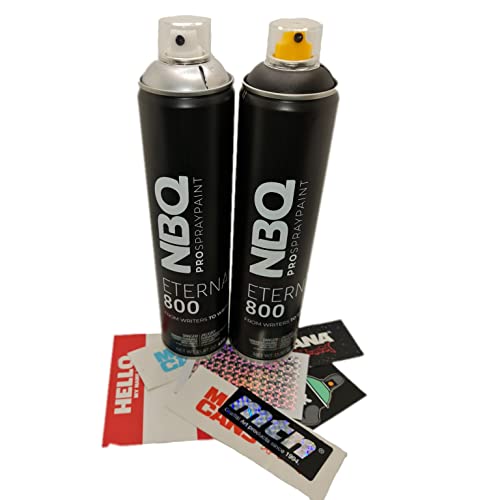 PROGAL COLORS NBQ ETERNAL - Essential Pack - (1 x Schwarz 600 ml + 1 x Silber 600 ml + Aufkleber) Spray matt Hochdrucktrocknung Graffiti Perfekte Dekoration von PROGAL COLORS