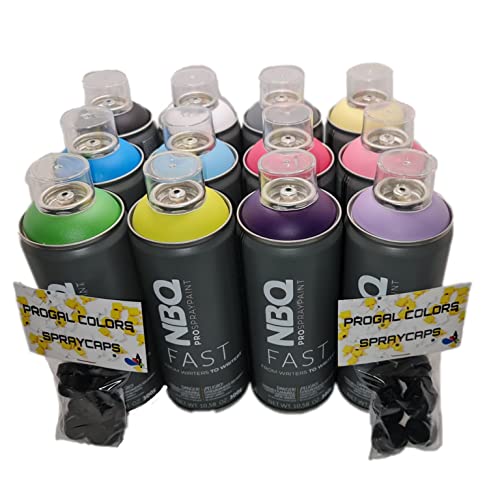 PROGAL COLORS NBQ FAST MASTER PACK (12 x Spray 400 ml + Diffusor / Kappe) Hochdruck-Sprayfarbe, mattes Finish, Multi-Oberfläche, Wandbild und Dekoration, perfekt für Anfänger und Fortgeschrittene von PROGAL COLORS