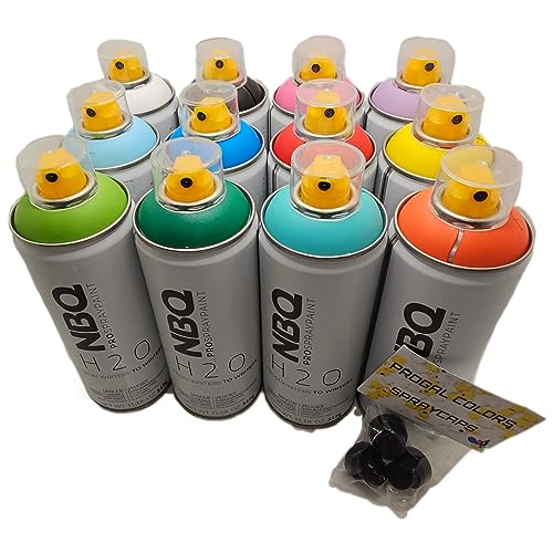 PROGAL COLORS NBQ Pro Spray PAint, 12 Flaschen (H2O 12 x 400 ml + 3 x Diffusor), Sprühfarbe auf Wasserbasis, geruchsarm, Graffiti-Muralismus, matte Farbe (PARTY TIME) von PROGAL COLORS