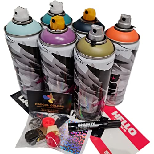 PROGAL COLORS Pack Party NBQ (6 x 400 ml NBQ + Montana Cans Filzstift + 6 x Ersatzdüsen + Aufkleber), mattes Finish, einfache Anwendung, Dyv Dekoration, Resauration, Graffiti von PROGAL COLORS