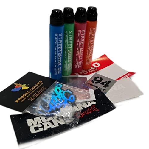 PROGAL COLORS Pack Street DABBER (4 x Squeezer 30 ml Spitze 10 mm + 1 Ersatzspitze + verschiedene Aufkleber) Fasermaler Graffiti Lettering lebendige Farben Signaturen, Spritzen im Innenbereich von PROGAL COLORS