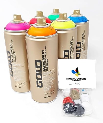 PROGAL COLORS Perfect fluoreszierendes Set (6 x 400 ml Montana Gold fluoreszierende Farbe + 12 Düsen) – Neonfarben – leuchten in dunklen Effekten unter UV-Licht von PROGAL COLORS