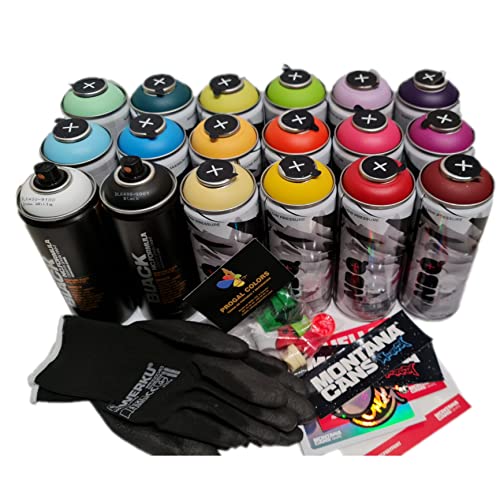 PROGAL COLORS SET NBQ PRO MONTANA CANS Sprühdosen Schwarz und Weiß matt graffiti dosen(2x Montana Cans Black + 16x NBQ) Set enthält ein Geschenk von Sticker + Handschuhen + 12 Ersatz-Diffusoren von PROGAL COLORS