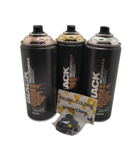 PROGAL COLORS Spraydosen Set Montana Black - Silber, Kupfer und Gold Chrom 3 x 400 ml inkl. + 3 Ersatzsprühköpfe von PROGAL COLORS